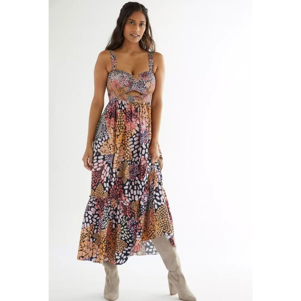 Anthropologie Geisha Designs Smocked Floral Maxi Dress Pink Orange Black